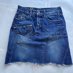 Replay Denim Blue Jean Raw Hem Fringe Studded Casual A-line Midi Skirt 26